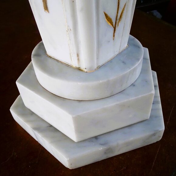 Old Antique White Marble Gold Painted Flowers Stepped Base HEAVY Urn/Vase - Picture 12 of 13